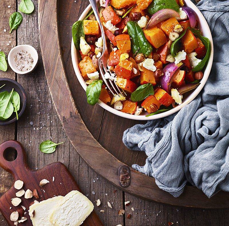 Salade tiède de potimarron rôti au chèvre